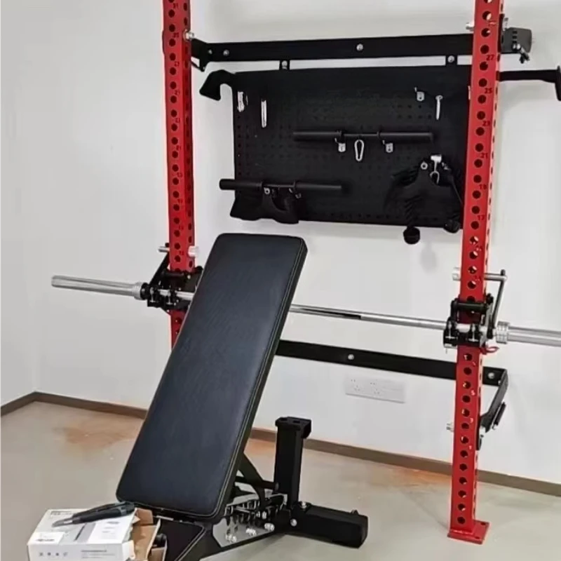 Gym Fitness Multifunctional Folding Wall Hanging Power Rack Press Rack Squat Rack with Flat Bench and Counterweight Board