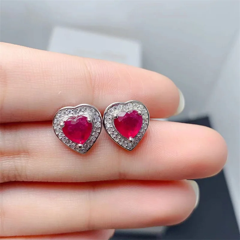 Rubin-Ohrringe in Herzform, Damenschmuck, 925er Silber, Ohrstecker mit Zertifikat