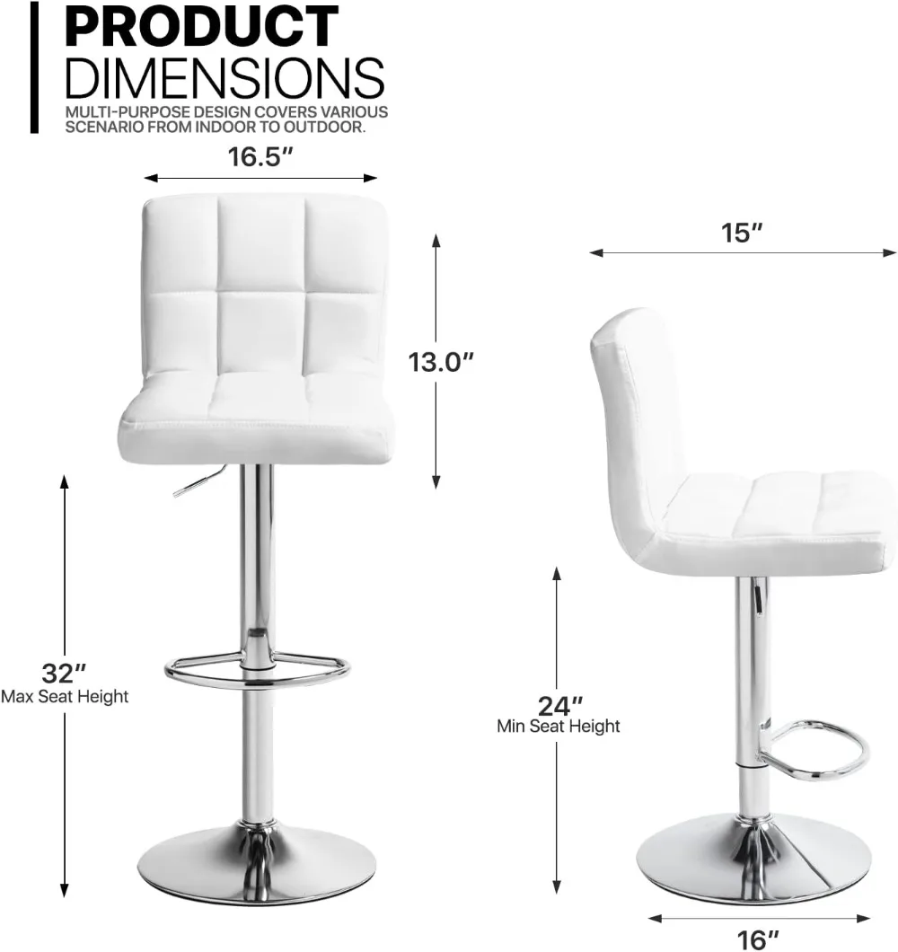 Ensemble de 2 tabourets de bar carrés réglables en cuir PU, avec dos, blancs, pour comptoir de cuisine