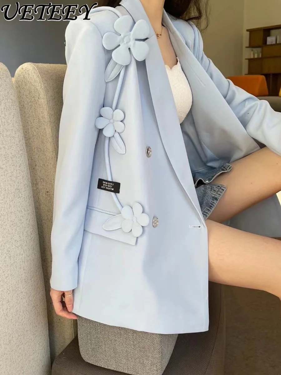 

High-End Custom Flower Design Sense Light Blue Versatile Suit Spring Summer New Goddess Temperament Socialite Coat Fashion