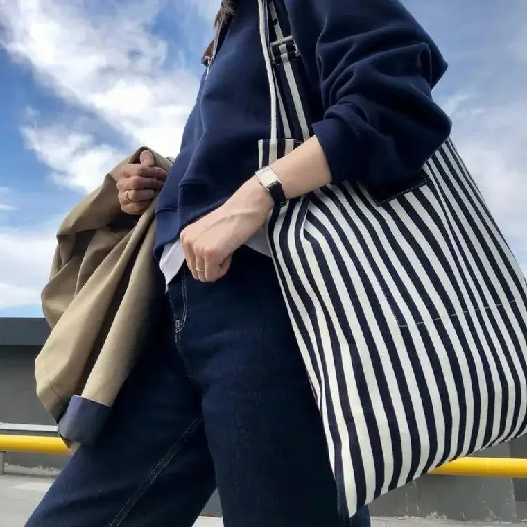 Shoulder Bags New Simple Casual Canvas Solid Color Striped Tote Fashion Pocket Handbags High Capacity Solid