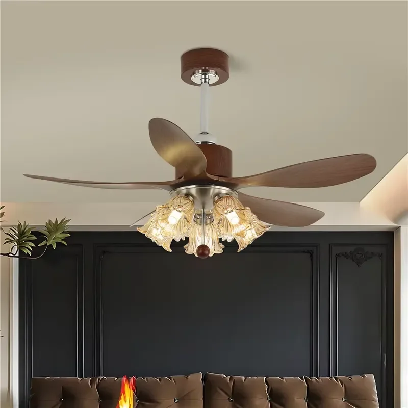 European Creative 5 Heads Flower Glass Shade ABS Blades Ceiling Fan Light for Living Room Bedroom Retro Home Decor Fan Lamp