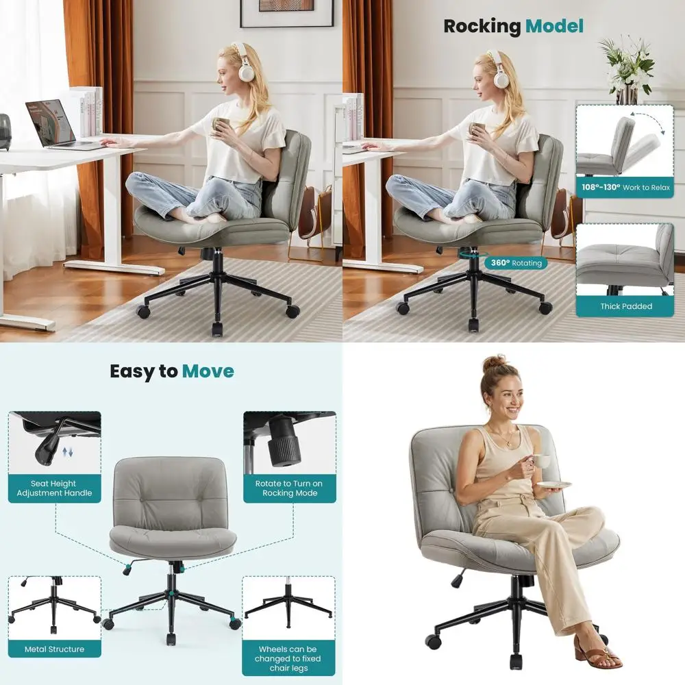 

Вращающееся офисное кресло без подлокотников на колесиках с широкими ножками, удобным сиденьем и спинкой из искусственной кожи, серое, для дома или офиса