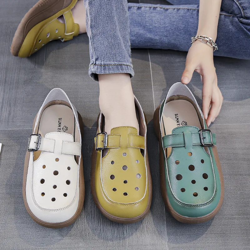 Women Buckle Shoes Round Head Solid Colour Sneakers Summer Hollow Comfortable Thick Bottom Sandals Zapatillas Plataforma Mujer