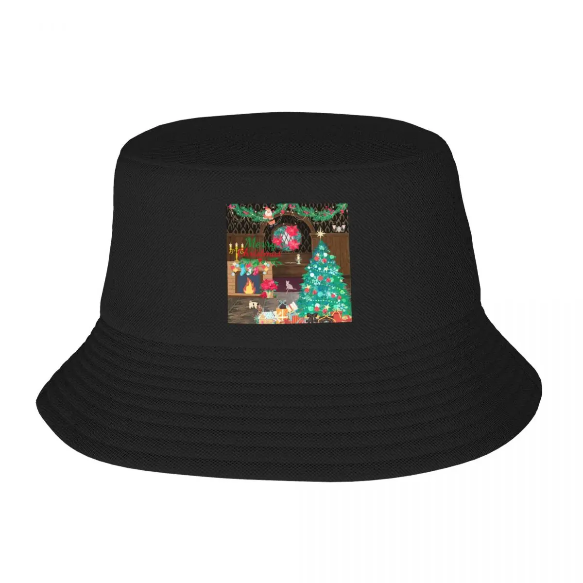 

Merry Christmas Decorative Trees With Fireplace Tis The Season Art Painting Classic Art Graphic Design Bucket Hat