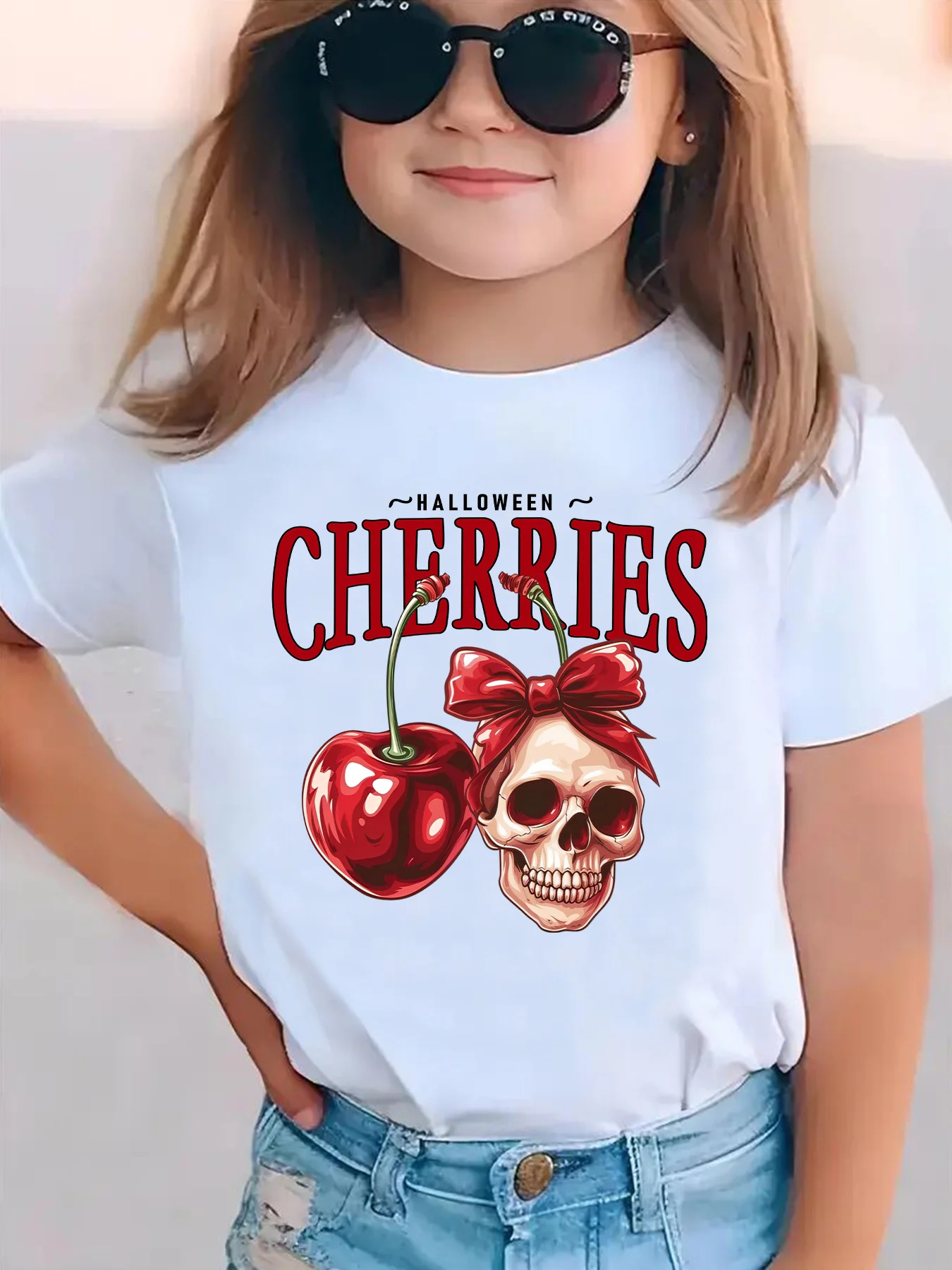 Halloween Cherry Skull Bow Graphic Kids Tees Soft Casual Holiday Short Sleeve Tops For Boys Girls Children Daily Summer Outfit