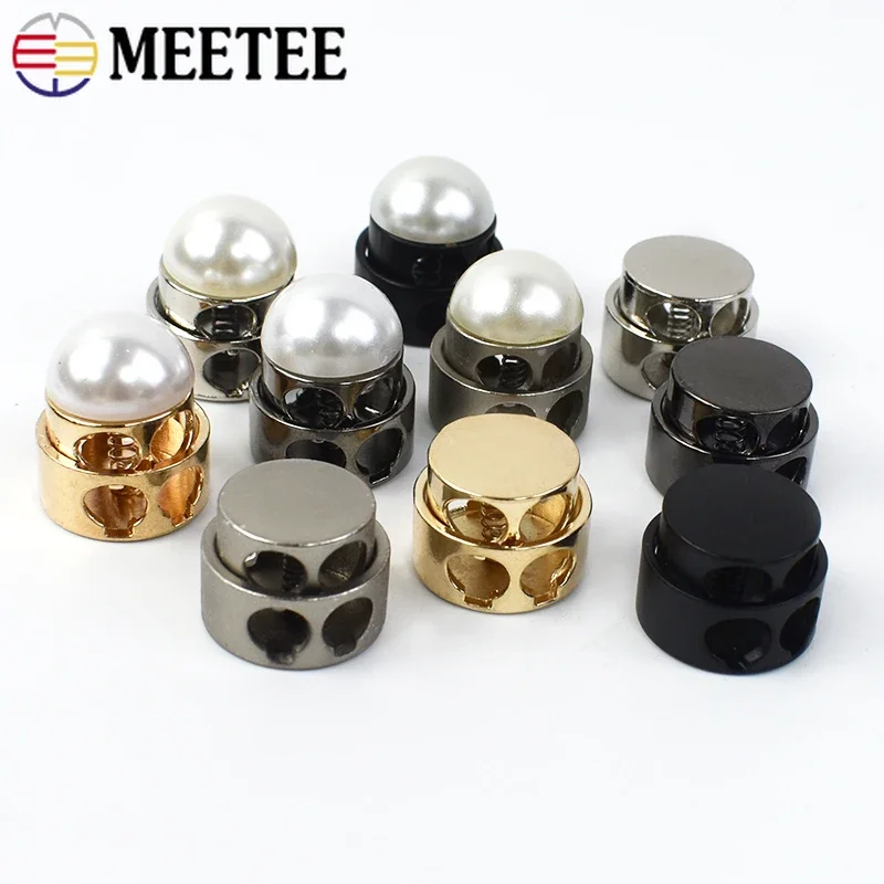 Meetee 30Pcs Metal Pearl Double Hole Stopper Buckles Spring Adjustment Cord Lock DIY Hat Rope End Decoration Elastic Snap Button