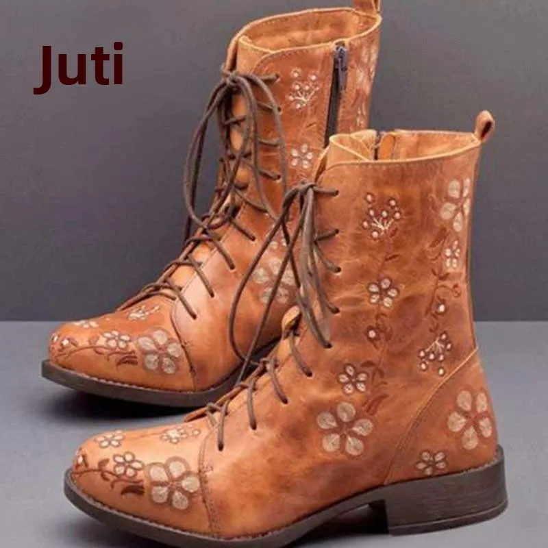 

Женские ботинки на шнуровке с вышивкой, большие размеры, осенне-зимние, новые, модные, низкие, кожаные, с резиновой подошвой