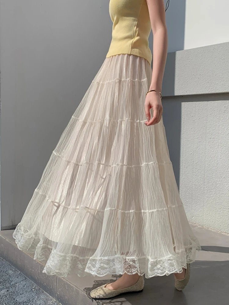 Jmprs Elegant Mesh Long Skirt Women High Waist Sweet Vintage Skirts Casual Loose Korean Lace Patchwork High Quality Long Skirts