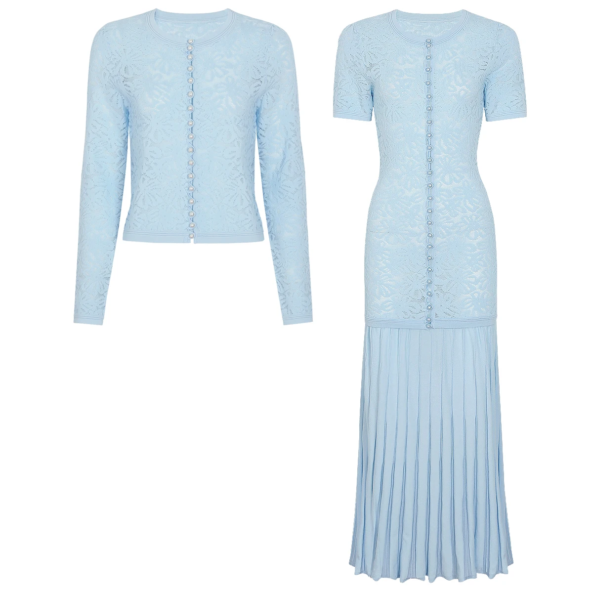 Women's Casual Dress Two-Piece Set Spring/Summer New Fashion Hollowed Out Knitted Short Sleeved Dress Long Sleeved Jacket Set