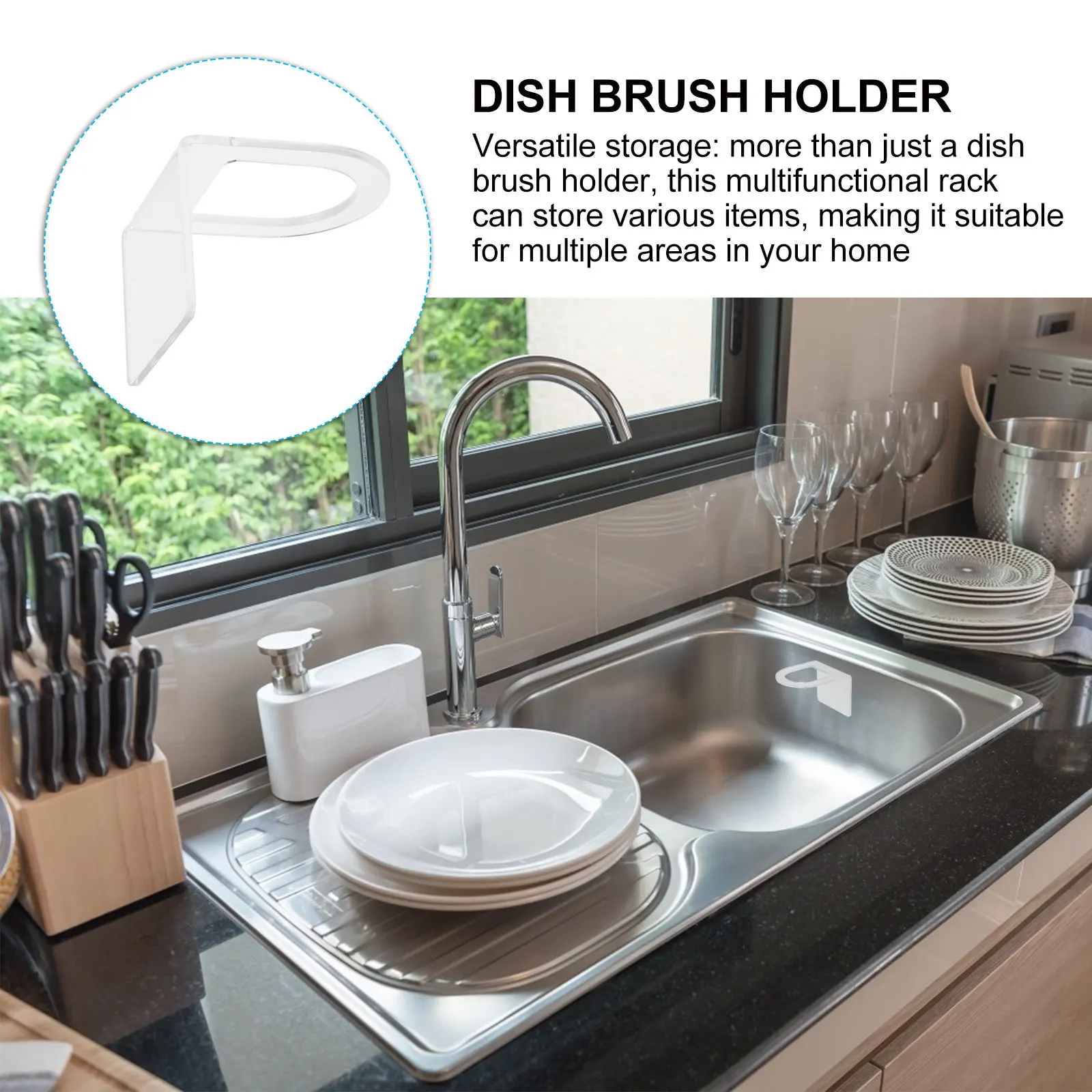 2Pcs Acrylic Sink Dish Scrubber Rack Transparent Kitchen Dish Brush Holder Multifunctional Storage Organizer for Cleaning Tools