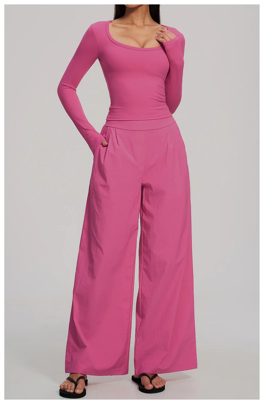 2-teiliges Yoga-Set für Damen, Langarm-Fitness-Oberteil, Trainingsanzug, Sportbekleidung, High-Waist-Hose mit geradem Bein, Fitness-Sportanzug – Detail 11