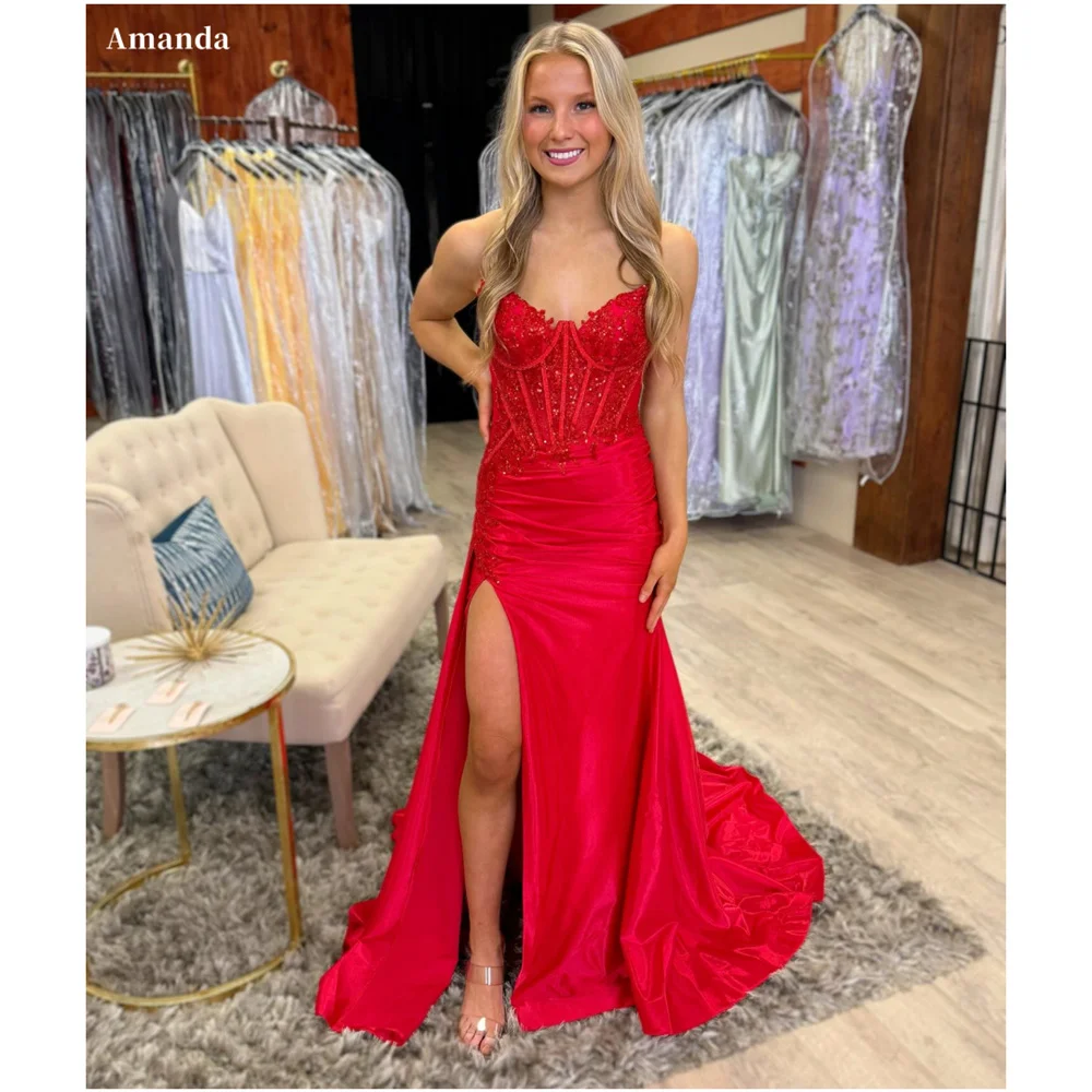 

Amanda Customized Sweetheart Neck Mermaid Embroidery Prom Dresses Sequins Sleeveless vestidos de noche Side Split Formal Evening