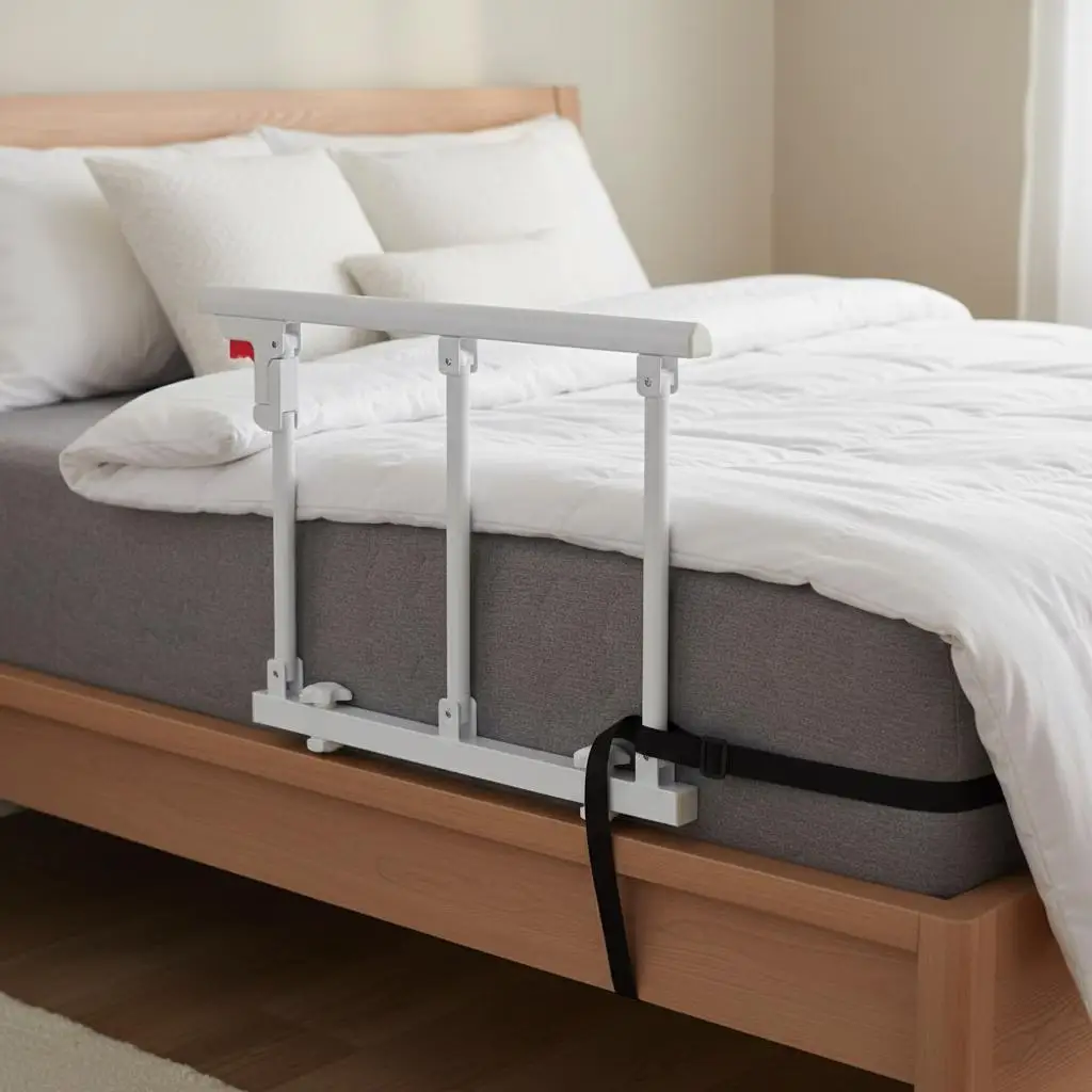 

Foldable Bed Rail for Elderly, 28 in Bedside Assist Rail with Fixing Strap, Adjustable Height Pipe Bedside Cane, High-Strengt