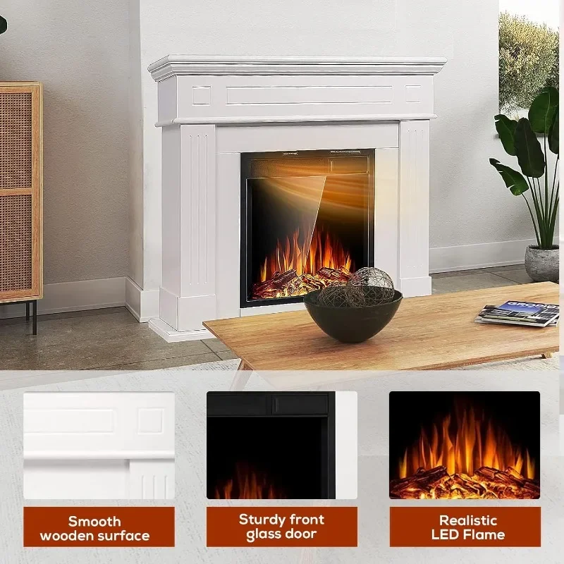 R.W.FLAME 43” Electric Fireplace Mantel Wooden Surround Firebox, TV Stand with Freestanding Electric Fireplace, Remote Control