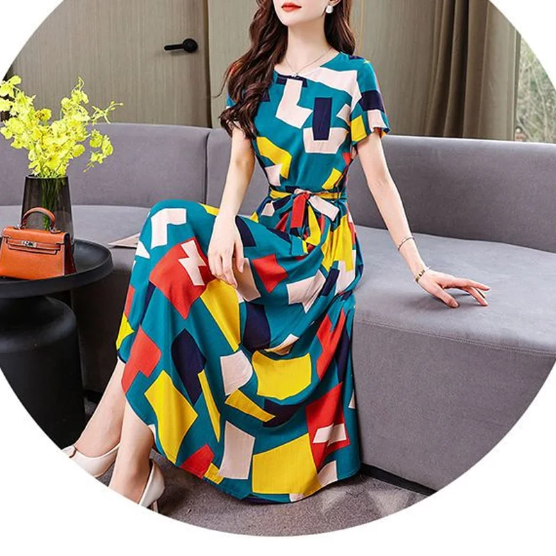 2023 New Summer Fashion Trend Commuting Simple Round Neck Geometric Printing Unique Waist Covering Belly Long Women's Dress