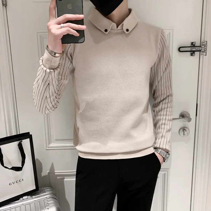 Fake 2 Pieces Shirt Collar Knit Sweater/Male Slim Fit British Style Fashion Casual Pullover Men's Stripe Sweater S-3XL