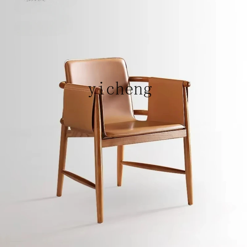 Saddle skin ash wood solid wood dining chair high-end coffee shop negotiation area leisure chair