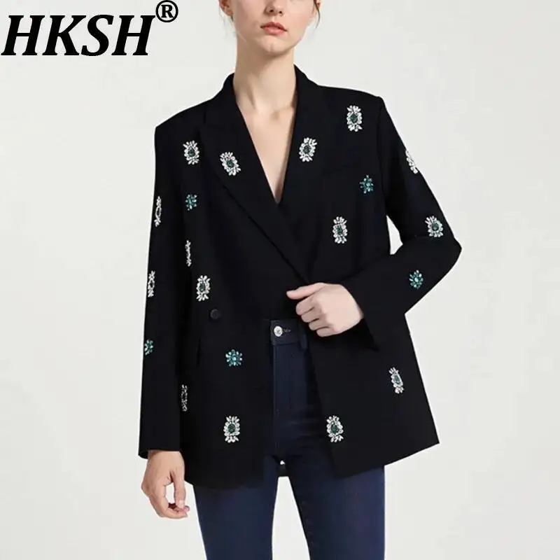 

HKSH Autumn New Women Blazer Heavy Craft Studded Colorful Diamonds Double Breasted Pockets Notched Luxury Tide Chic Coat HK11730