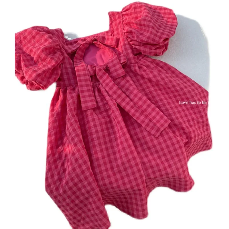 Puff sleeve dress little girl Summer fashionable bow backless CHILDREN'S princess dress