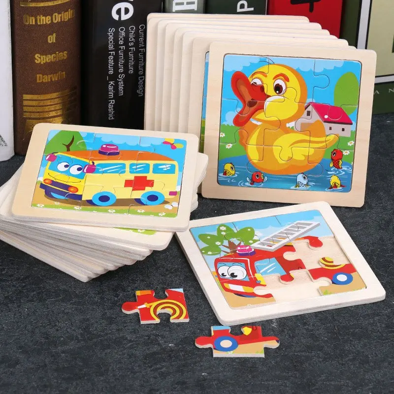 4pcs 11X11CM/4.33*4.33in Kids Wooden Puzzle Cartoon Animal Traffic Tangram Wood Puzzle Toys Educational Jigsaw Toys for Children