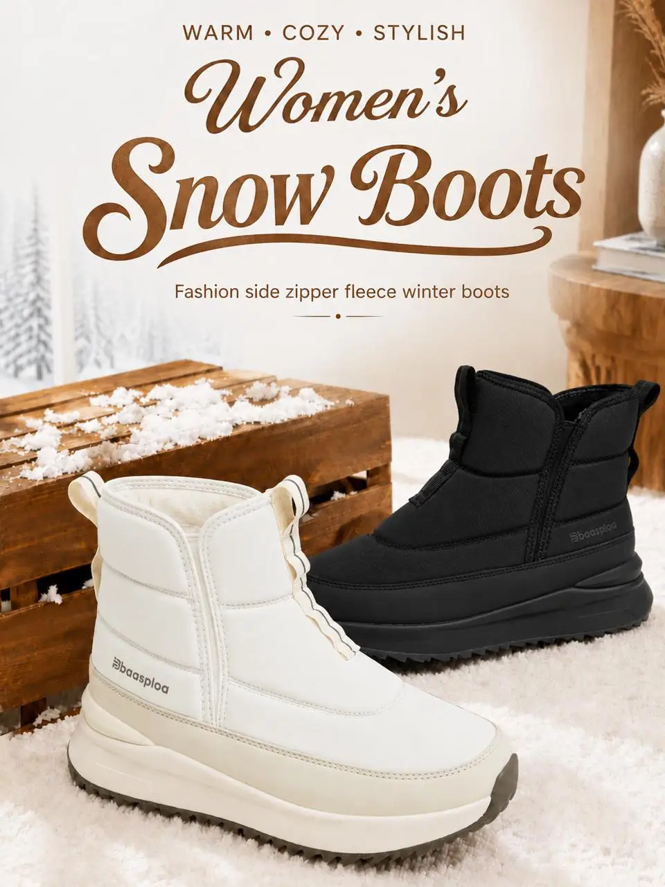Baasploa Damen-Winter-Schneestiefel, warme Plüsch-Stiefeletten für Damen, bequeme, rutschfeste Baumwollschuhe mit Reißverschluss, wasserabweisende Freizeitschuhe – Detail 2