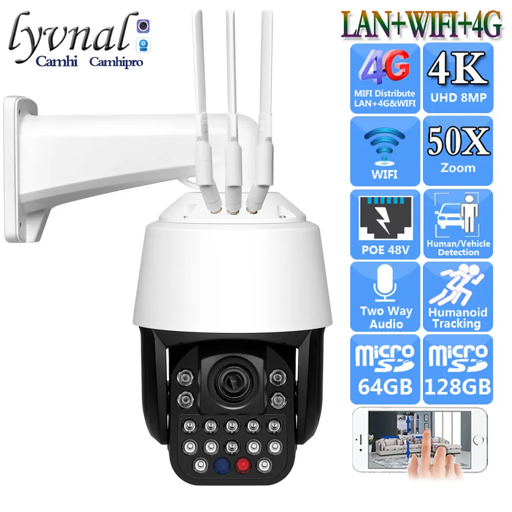 3G 4G SIM Card UHD 4K 8MP Sony415 Wireles IP Camera 50X Zoom Wifi PTZ Dome Human Tracking Laser Infrared IR 200M Two Way Audio