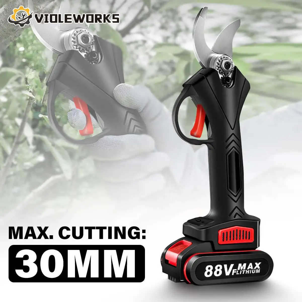 Violeworks-pruner Elétrico Recarregável Pruner Shear Cordless Fruit Tree Ramos de Bonsai Ferramenta Elétrica Winter Garden 30 mm