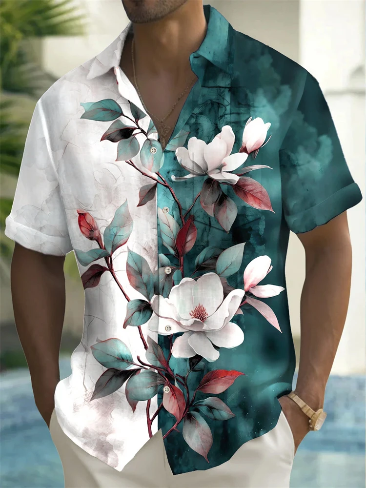 3D printed flowers men's short-sleeved casual shirt men's spring and autumn trendy shirt casual party club clothing