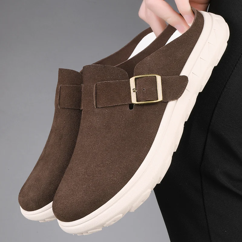 Men's Trendy Platform Clogs Mules Adjustable Buckle Suede Backless Shoes Lightweight Casual Slides for Men Summer Beach/Travel