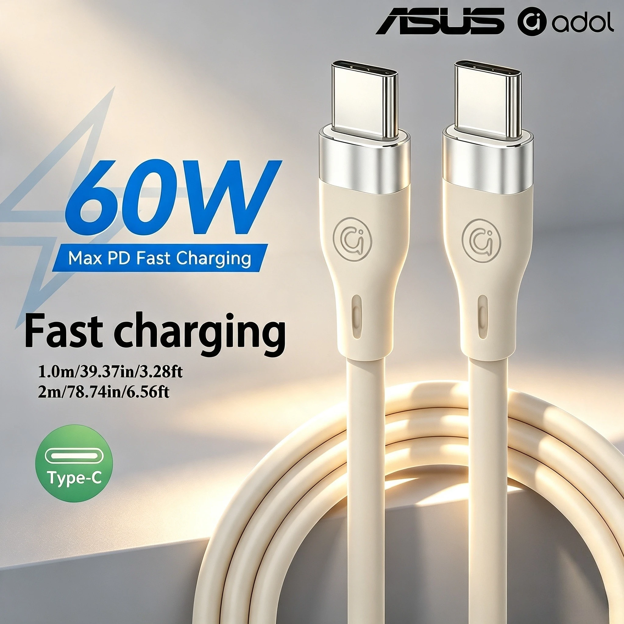 ASUS PD 60W  Type C toType C  Soft Silicone Charging Cable For 17ProMax/17Pro/17/16ProMax/16Pro/16/15ProMax/15Pro/15, Samsung