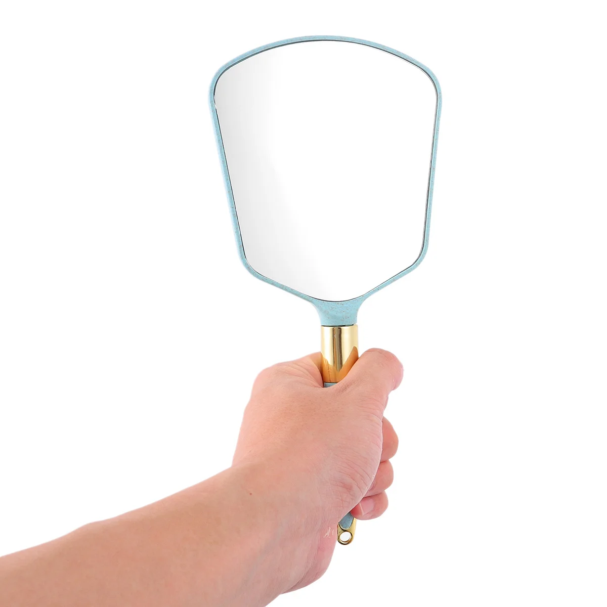 1 sztuka niebieskiego lustra z kwadratową rączką do użytku domowego i sklepowego, przezroczysta powierzchnia szkła, gładkie krawędzie, modne lusterko do makijażu do łazienki.