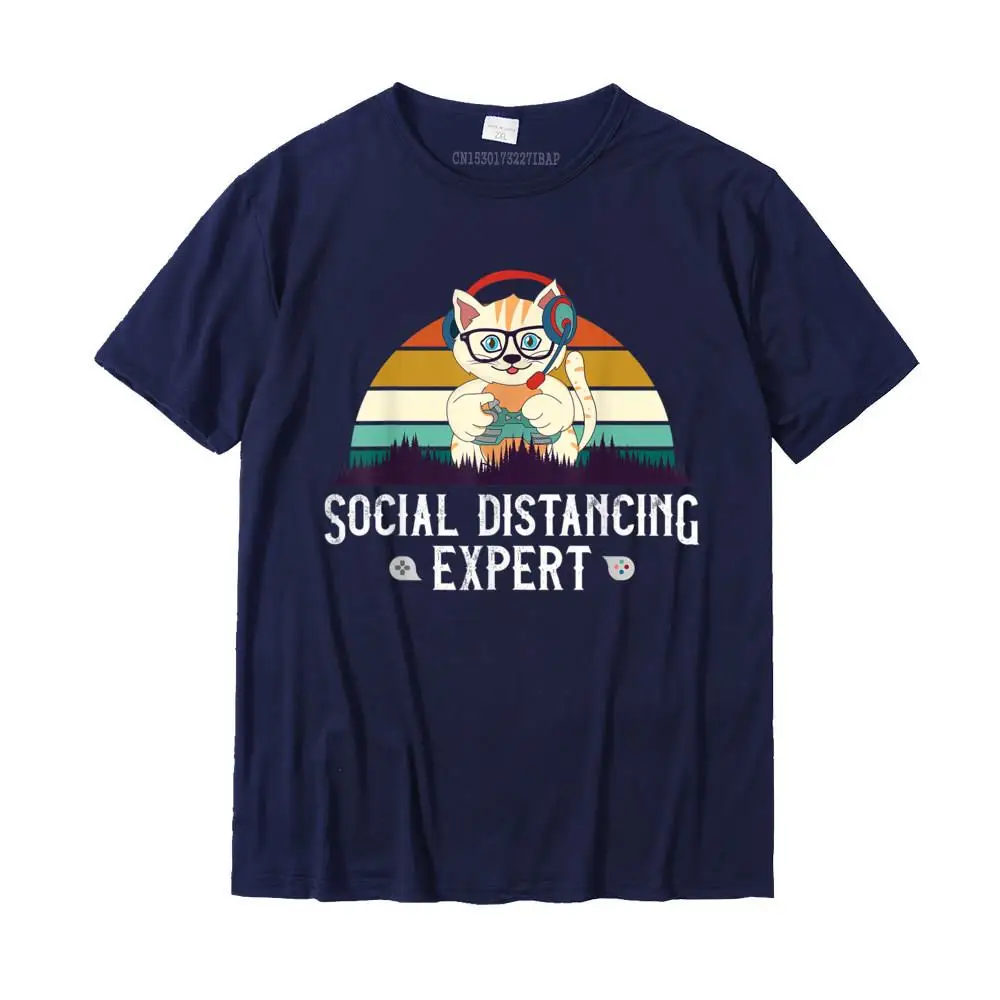 Social Distance Expert Funny Gaming Cat Gift Vintage Gamer T-Shirt Retro Men Tops T Shirt Printed On T Shirt Cotton Normal