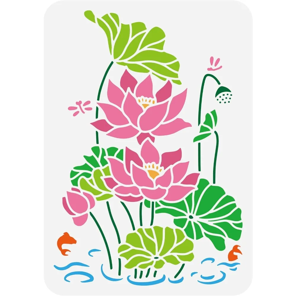 Lotus Water Lily Painting Stencil 11.7x8.3 inch Hollow Out Lotus Flower Bud Leaf Craft Stencil Fish Dragonfly Drawing Stencil