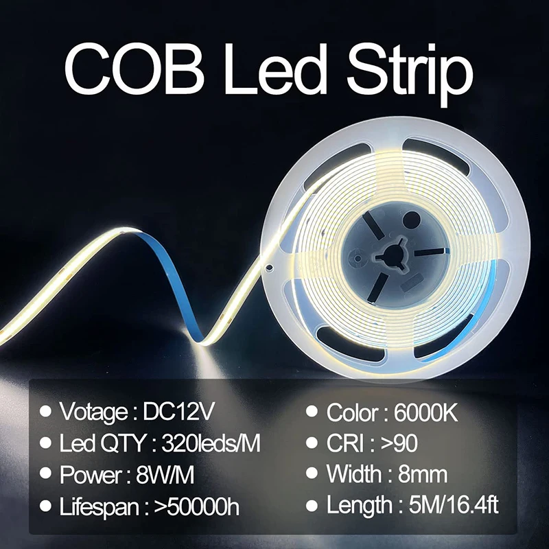 COB 라이트 LED 스트립, 유연한 고밀도 균일 320 LED/m 16.4ft 3000-6500K RA90 LED 조명, DC12V 내구성 장식 LED 테이프