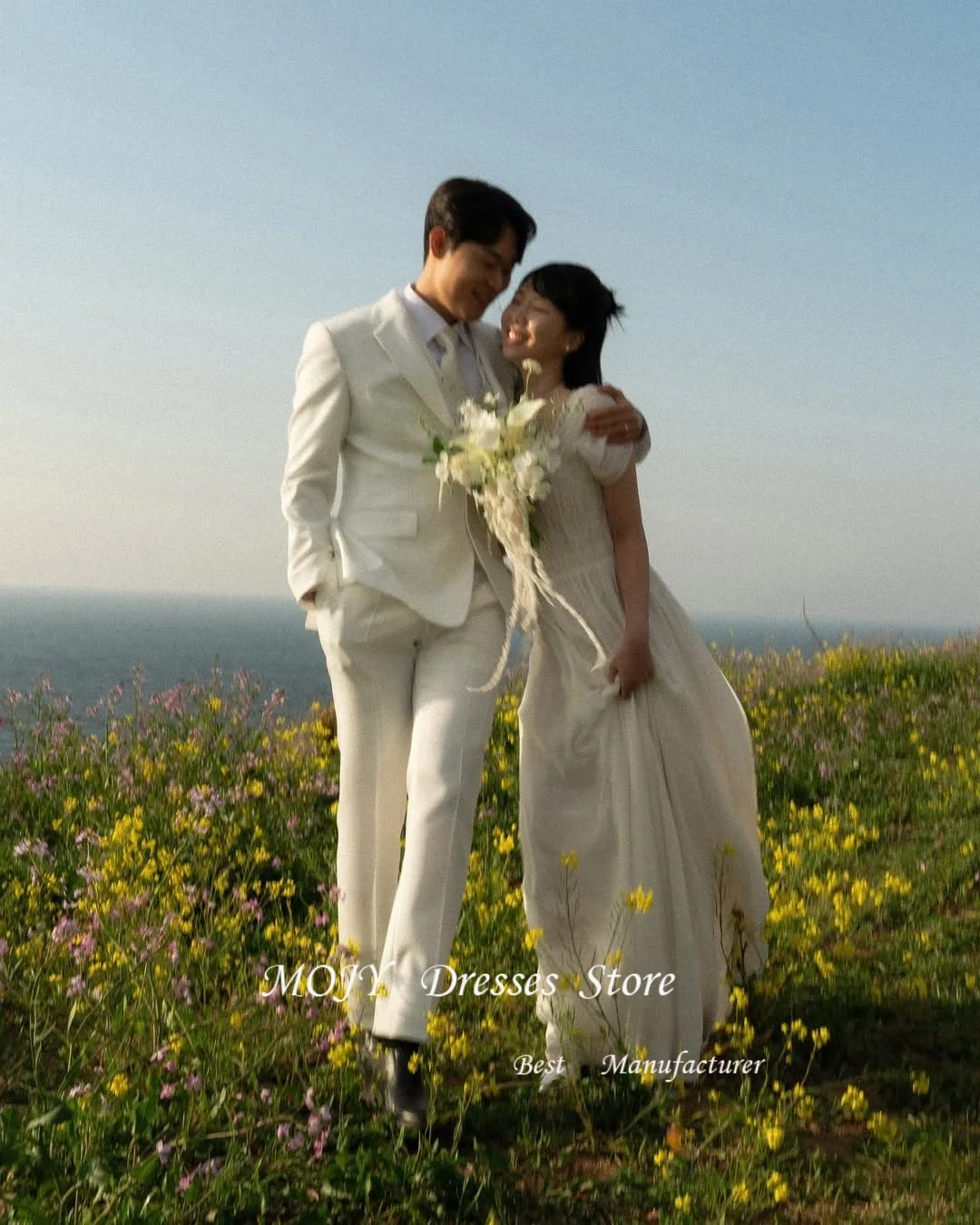 فستان زفاف موجي بياقة مربعة على شكل حرف a من التل لالتقاط الصور الكورية بطول الأرض وأكمام منتفخة مخصصة فساتين العروس مشد ستناء