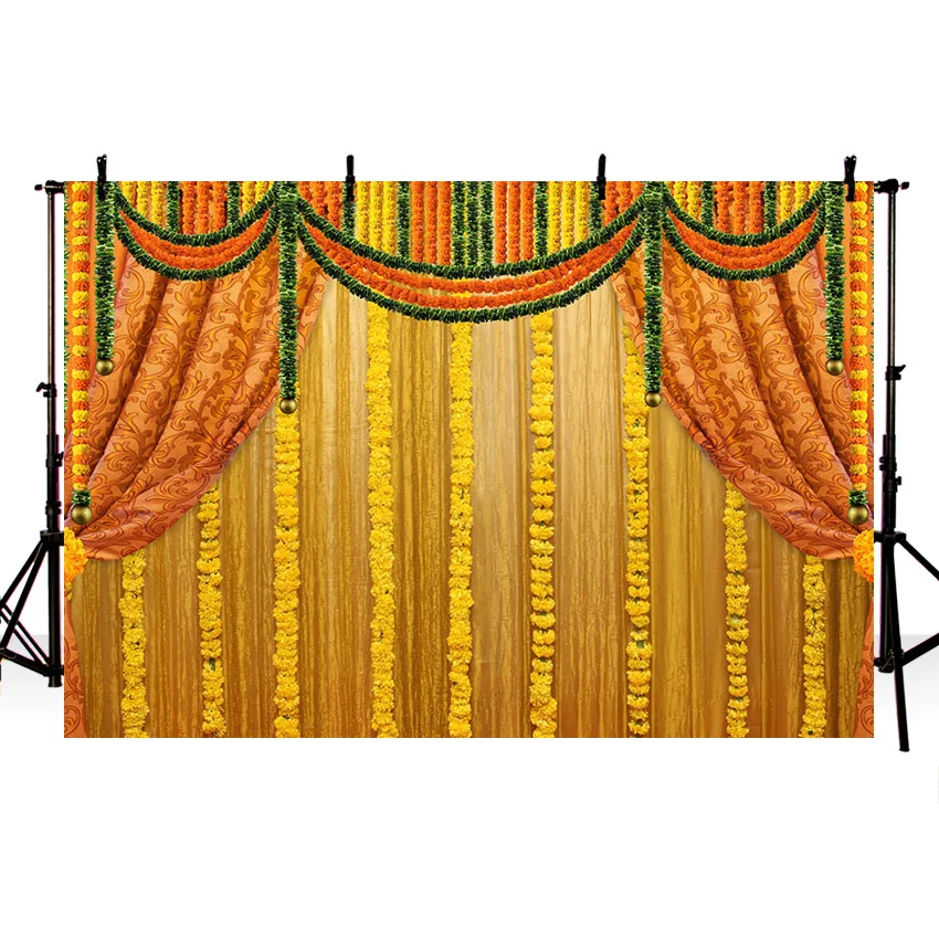 Mehofond Indian Marigold Garlands Wedding Photography Backdrop Curtain Anniversary Bridal Shower Traditional Background Photos