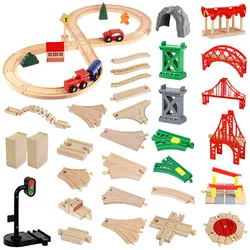 Wooden Train Track Set Assembly Toy Bridge Traffic Light Children Toy Beech Rail Train Wood Accessories DIY kid Birthday Gift