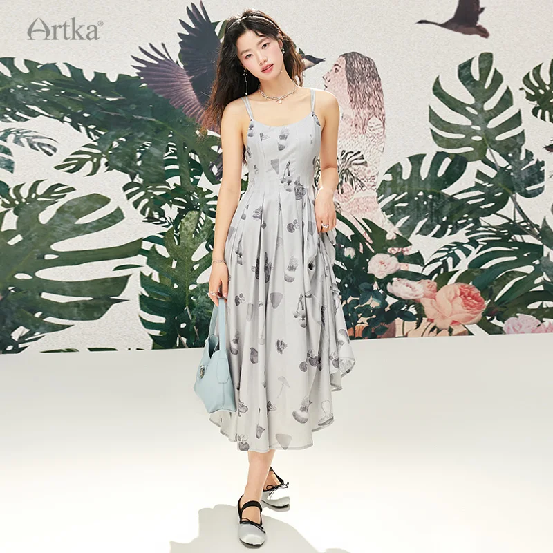 ARTKA 2024 Summer New Women Dress Elegant Floral Print High Waist Sleeveless Dresses Spaghetti Strap A-Line Long Dress LA92142C