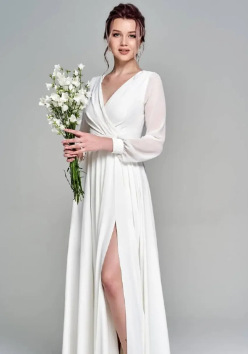 V-Neck Side Slit Floor Length Sashes For Bride Robe De Mariee Zipper Cheap Simple Long Sleeve Chiffon Wedding Dress Beach