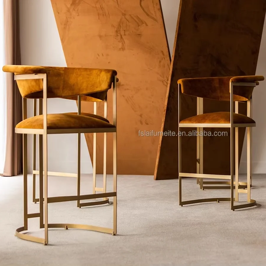 Restaurant Furniture Modern Luxury Gold Stainless Steel Counter Height Reception Desk Bar Stools Chair With Armrest For Kitchen