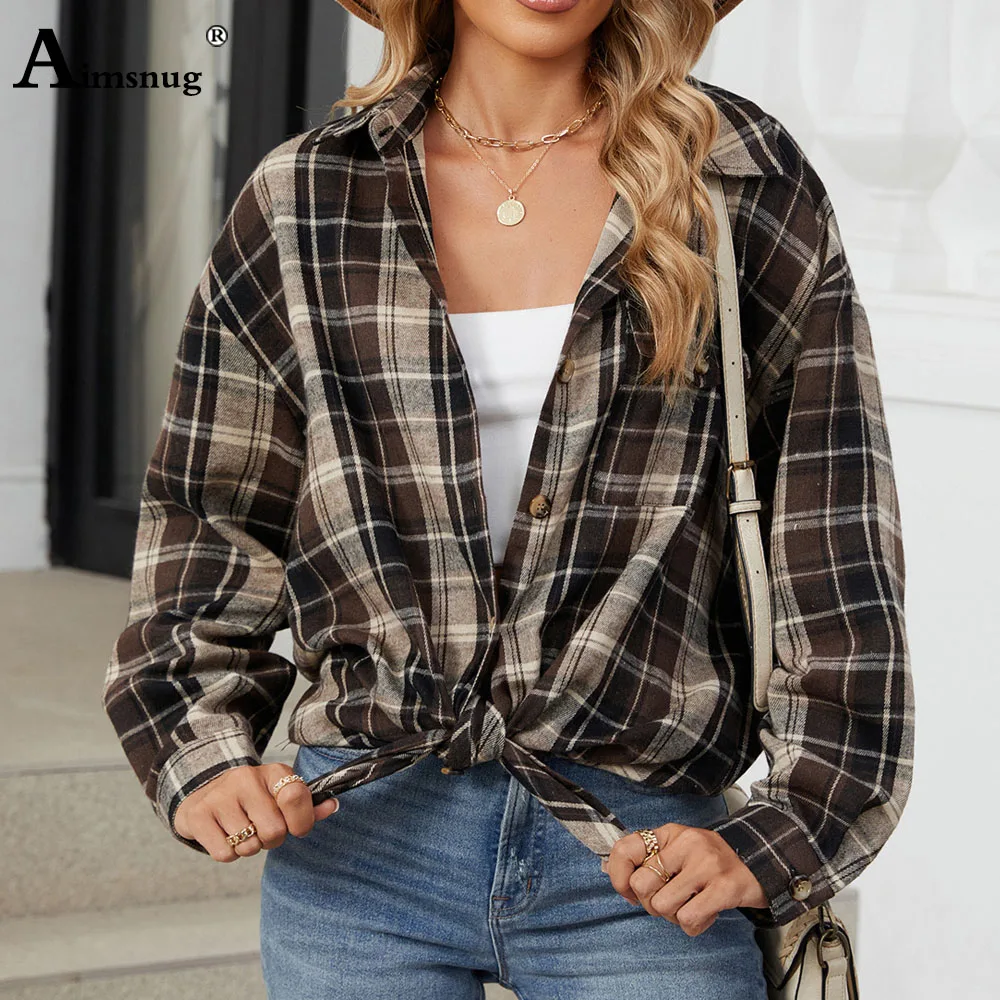 Aimsnug Women Casual Retro Plaid Shirts Long Sleeves Blouse Ladies Stand Pocket Tops Ladies Tunic blusas Femmes Clothing 2025