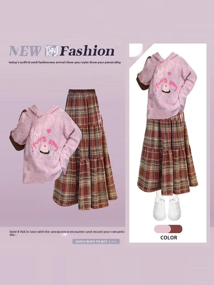

Retro American Pink Hooded Knitted Sweater Plaid Skirt Set Women's Unique Beautiful Personali Winter Faion Two-Piece...