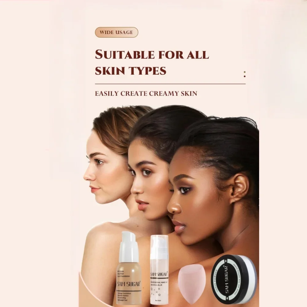 SAM SUGAR Set base per trucco Fondotinta liquido, spugna per trucco, cipria in polvere e primer Controlla lucentezza dell'olio, riempie nei pori, le linee sottili