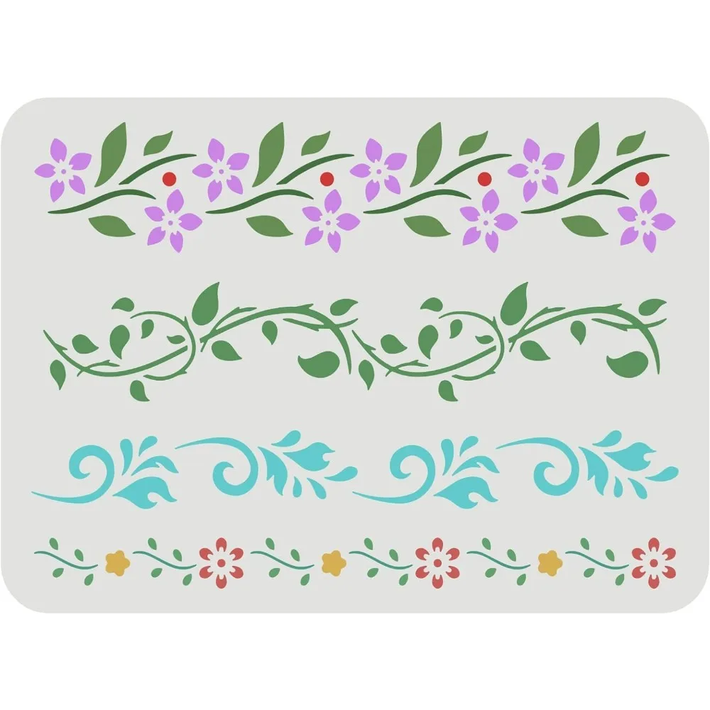 Flower Border Stencil (4 Style) 11.7x8.3inch Reusable Flower Drawing Stencil Vines Pattern Stencil Ivy Decoration