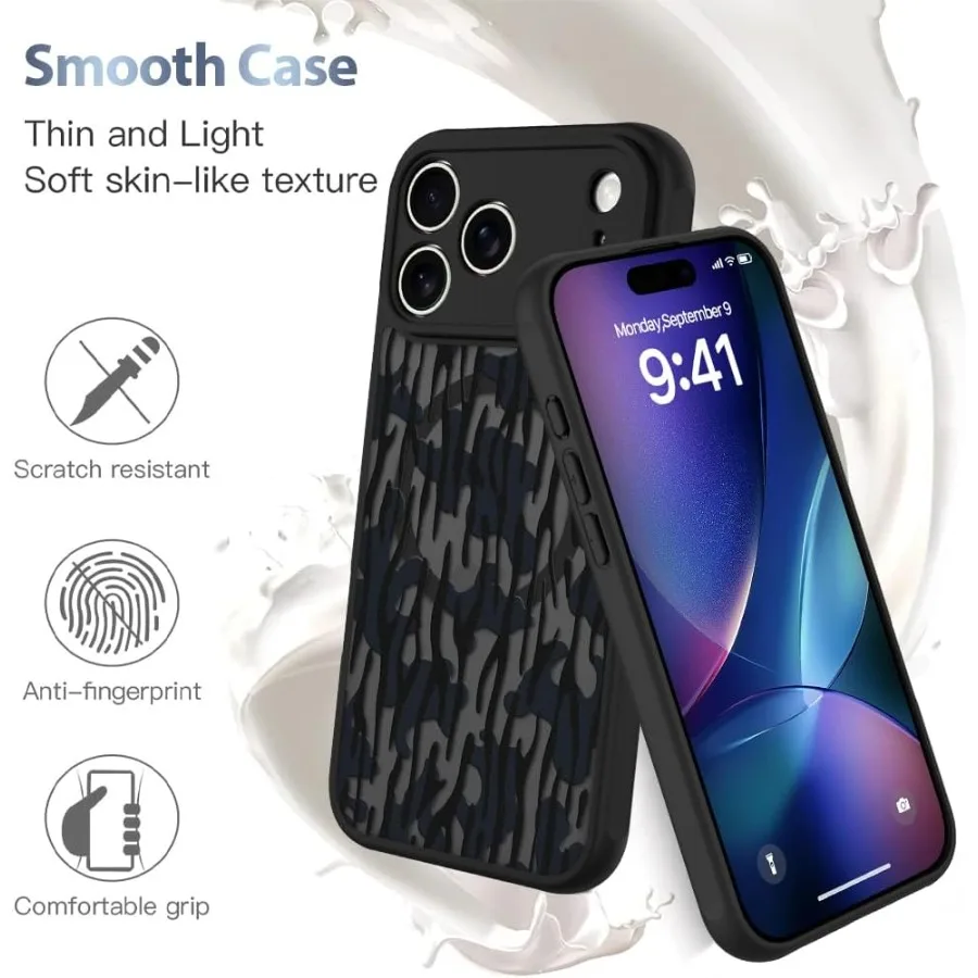 아이폰 17 프로용 케이스 [MagSafe 호환] 블랙 카모플라주 패턴 디자인 여성 소녀 남성용 소프트 TPU 범퍼