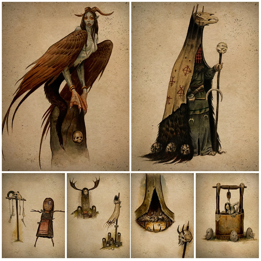 Ancient Shaman Witches And Ghost Priests Vintage Wall Art Home Decor Canvas Painting Curse Doll Witchcraft Art Poster Prints