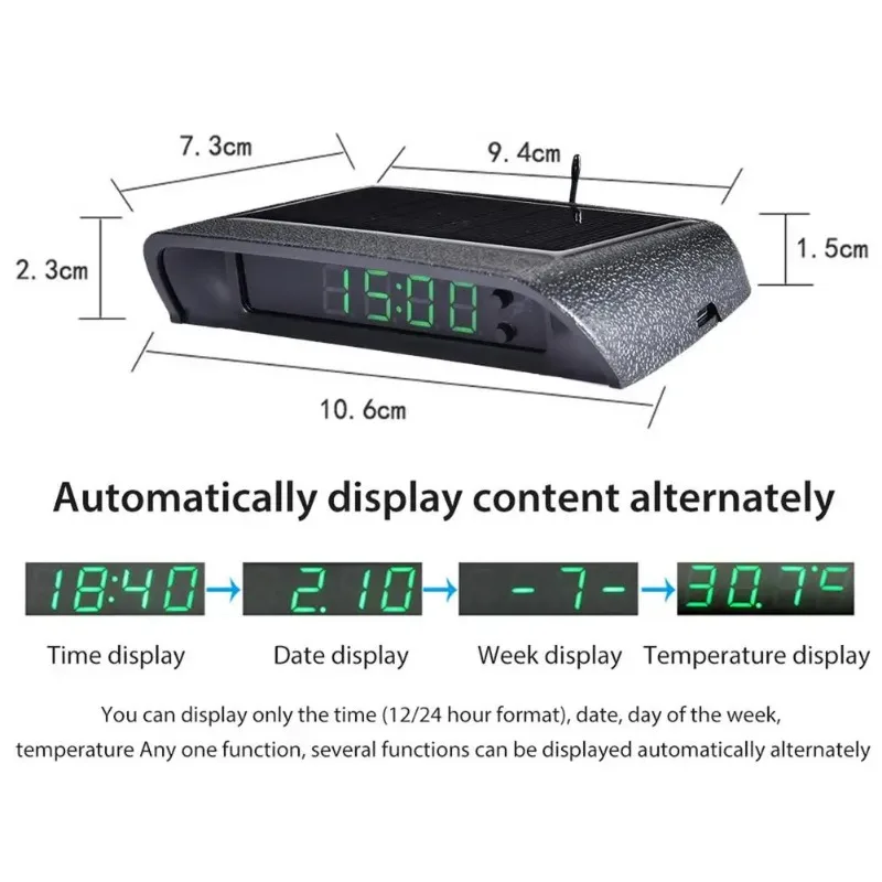 Car Clock Solar Charging Stick-On Digital Watch 24-Hour 3-level Brightness Automatic Adjustment Car Clock Car Decoration