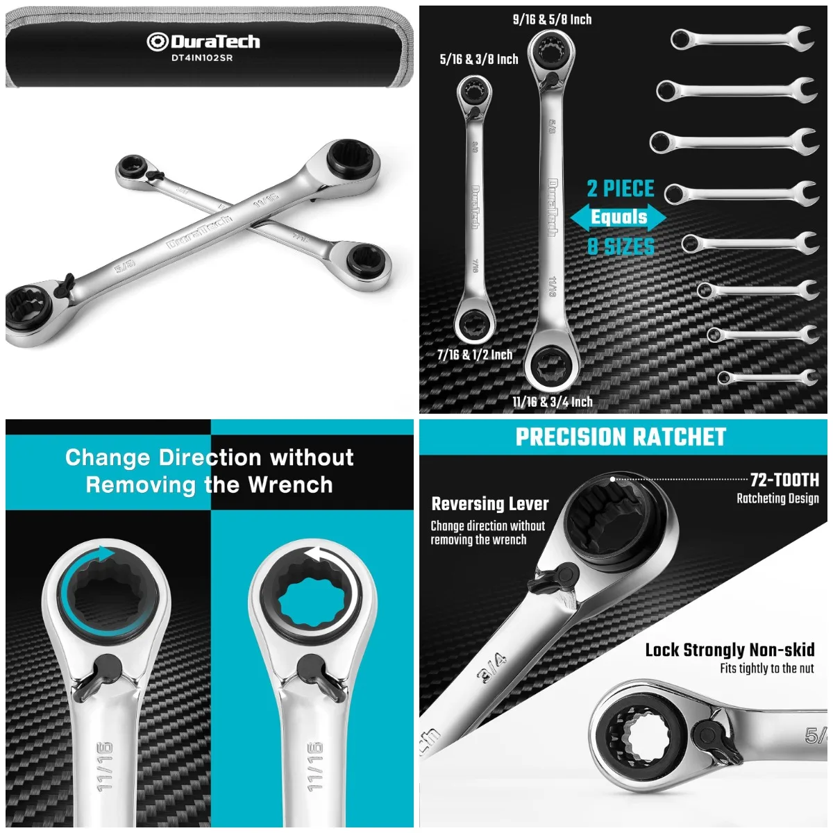 

4-in-1 Reversible Ratcheting Box Wrench Set, SAE, 2-Piece, 5/16 to 3/4-Inch, CR-V Steel, Mirror Polished, Rolling Pouch