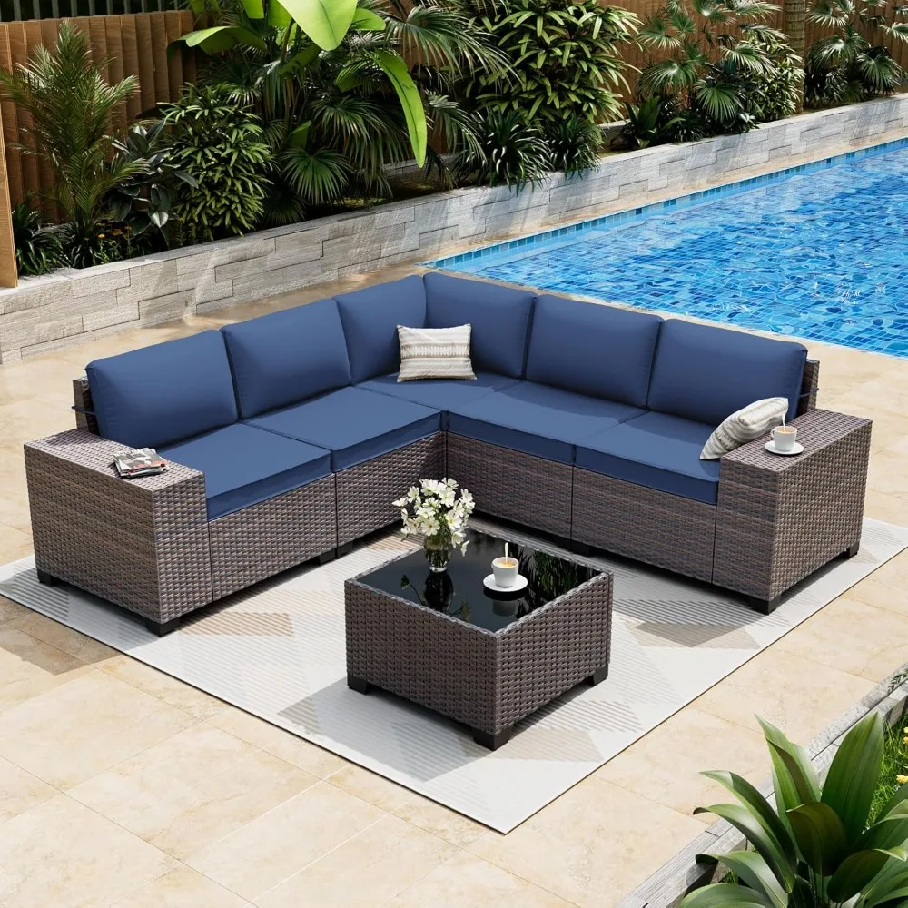 

6 Pieces Patio Furniture Set, Oversized Seat/Armrest And High Back Wicker Sectional Furniture Set With Thick, Customized